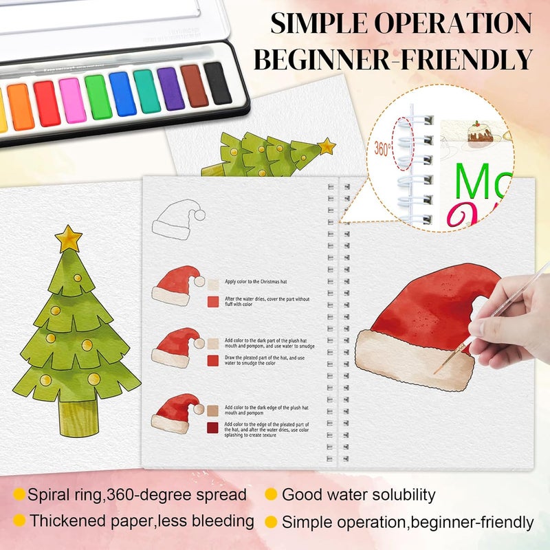 apolyone Watercolor Workbooks- 2 Pack Beginner Workbooks with 24 Coloring Book Pages - 12 Color blocks and a Brush - Watercolor Paper 300gsm/140lb - Gift for Women, Adults, Beginners (Winter & Christmas) - Image 2